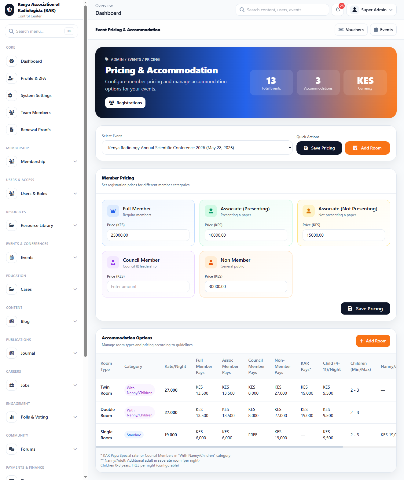 Event Pricing And Accomodation interface